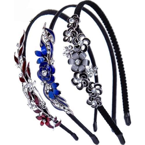 Haimeikang 2021 Colorful Rhinestone Hairband Flower Leaf Hair Hoop Headband for Women Girls Bezel Hair Band Hair Accessories