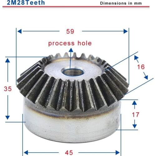 2M28 teeth bevel gear outer diameter 59 mm total height 35 mm process hole low carbon steel material gear