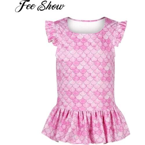 Summer New Kids Girls Mermaid Cosplay Costume Set 3D fish scale Ruffled T-shirt Top Short Sleeve Round Neck Peplum Top Skirt