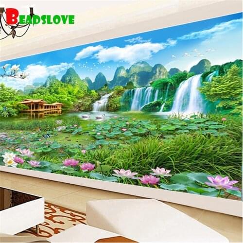 Lotus waterfall landscap Diamond painting Cross stitch 5D Diamond embroidery full drill Diamond Mosaic pasted Diamonds B87