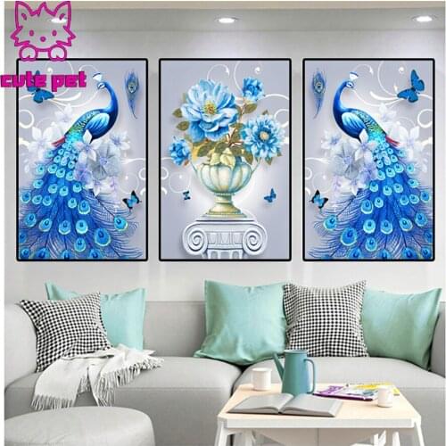 Diy Diamond Painting Blue peacock vase mosaic Flowers Cross Stitch full Square diamond Crafts Embroidery Cross Stitch Decor 3PCS