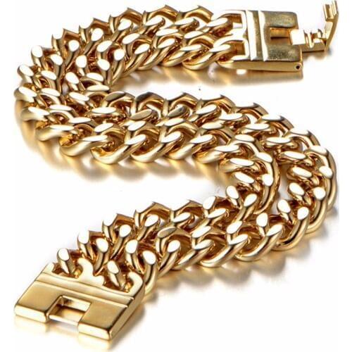 New Charming Gold Color Link Chain Bracelets Stainless Steel Double Curb Cuban Mens Women Bracelet 9" Length