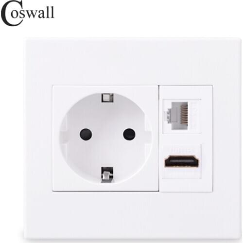 Coswall PC Panel EU Wall Power Socket + Female to Female HDMI-compatible 2.0 / USB 3.0 Port + CAT6 RJ45 Internet Data Outlet