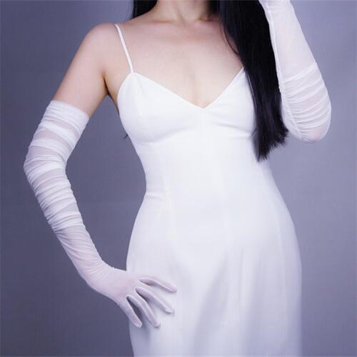 White Pleated Long Gloves Elastic Lace Mesh Guaze Thin Yarn Perspective Extra Long Section Bride Marry Gloves Touch WWS10