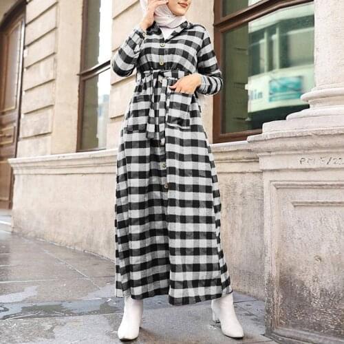 ZANZEA Women Muslim Dresses Islamic Clothing Kaftan Plaid Robe Casual Loose Dress Full Sleeve Morocco Abaya Hijab Long Dress