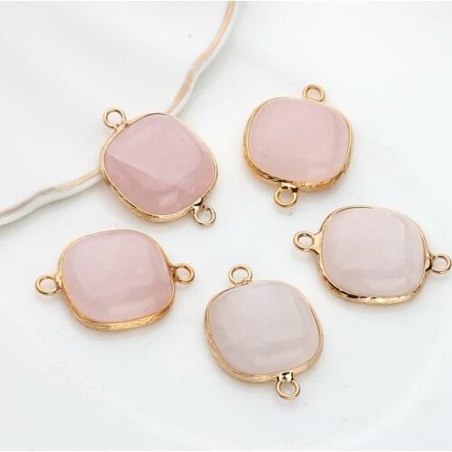 19mm Natural Stone Charms Pendant Big Pink Flat Square Stone Double Hole Connector Floating Charms For DIY Jewelry Accessories