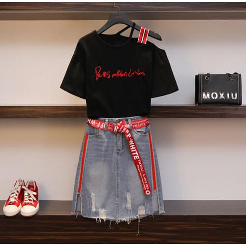 Drop Shipping 2021 Summer Fashion Women Outfits Belt Suits Print Letters T Shirt Tops + Knee Length Skirt 2 Pieces Set Plus Size