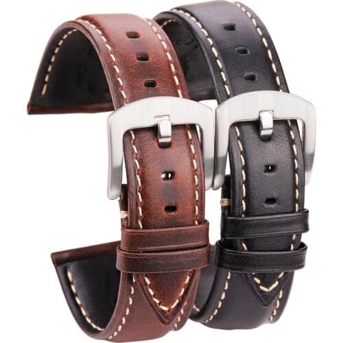 Oil Wax Cowhide Watch Band Strap Women Men Black Brown Smooth Genuine Leather Watchband 18 19 20 21 22 24mm Belt
