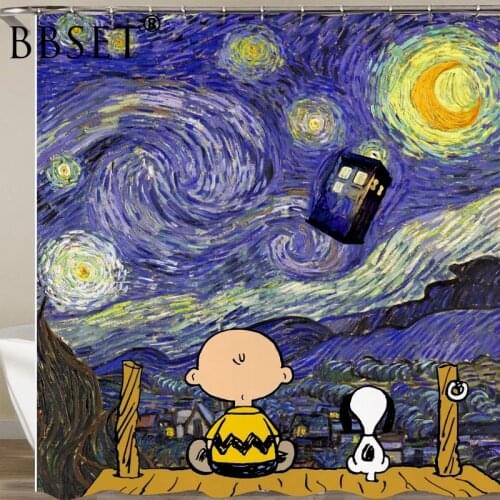 Hand Painting Shower Curtain Boy and Puppy Looking At The Starry Sky Pattern Waterproof Multi-size Douchegordijn Bathroom Decor