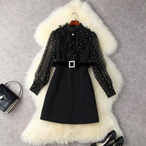 European and American womens wear new autumn 2022 Long sleeve stand collar gold polka dot net Fashionable belted dress