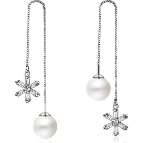 Brand New 925 sterling silver Long Tassel Sunflower Pearls Drop Earrings for Women Wedding Engagement Brincos