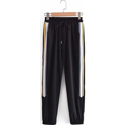 Women 2021 Summer Ice Silk Sports Pants Female Thin Casual Solid Color Trousers Fashion Loose Stripes Patchwork Harem Pant