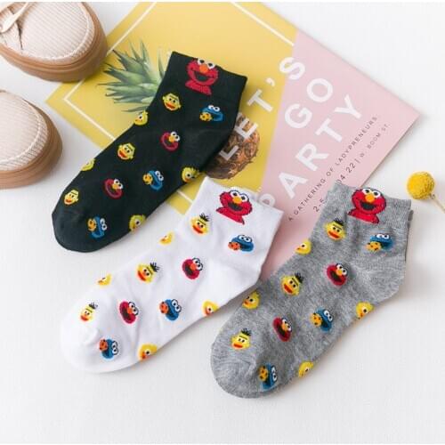Ladies Socks Women Sesame Street Cartoon Funny Socks for Girls Womens Cute Kawaii Cotton Sock White Black Spring Autumn Summer