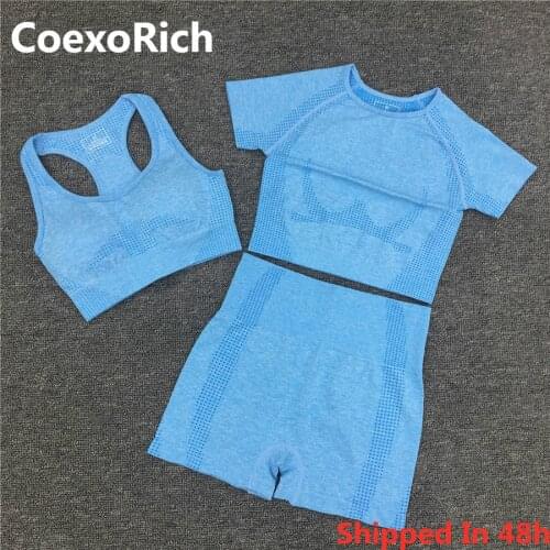 Women Short Sleeve Yoga Set 3 Piece Vital Seamless Sport Bra Suit Gym Clothes Fitness Crop Tank Top Shirt High Waist Shorts