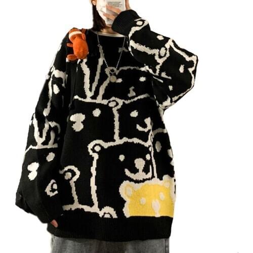 Autumn New Fashion Women Sweater Kawaii Bear Pattern Round Collar Long Sleeve Pullover Knitwear Loose Casual Streetwear Tops