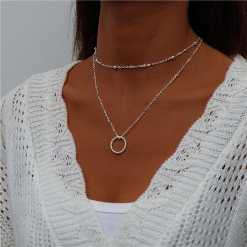Silver Color Multilayer Round Circle Pendant Necklace for Women Simple Beads Chain Necklaces Fashion Girl Neck Jewelry Accessory