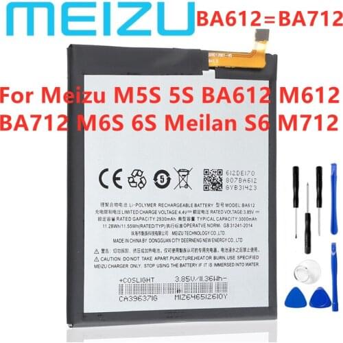 100% Original 3000mAh Battery For Meizu M5S 5S BA612 M612 Series / BA712 M6S 6S Meilan S6 M712 Series Phone Batteries + Tools