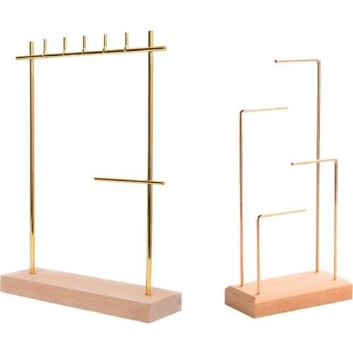 2Pcs Earrings Display Holder Necklace Pendant Display Stand Jewelry Display - Wood Color & Gold