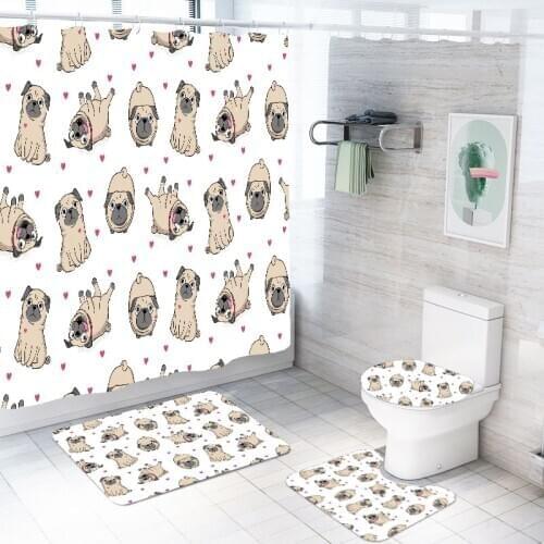 3/4 Pieces Cartoon Animals Shower Curtains Sets Christmas Gift Luxury Bathroom Sets 3D Print Pug Dogs Kits White Bathroom Sets