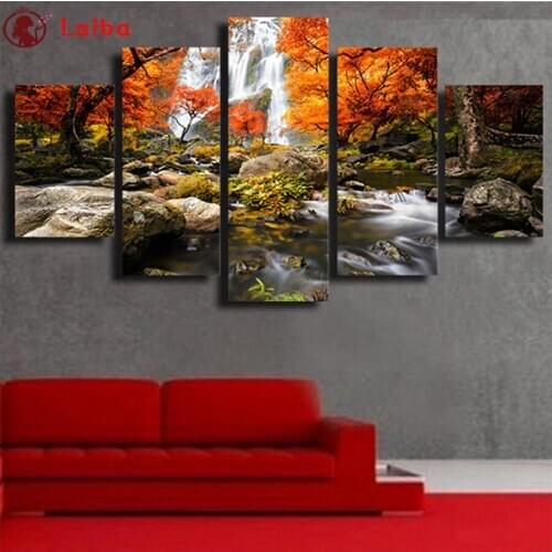 5D DIY Diamond Painting Natural scenery, forest waterfall Hot selling home art cross stitch full diamond embroidery 5pcs