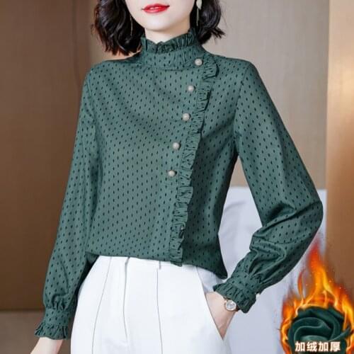 2020 Fall Winter Fashion Womens Ruffles Collar Green Beige Black Dot Warm Fleece Thick Blouse Top Shirt , Woman 3xl Blouses