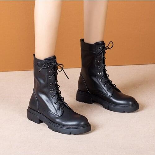 Womans Martin Boots Round Toe 3cm High Heels Back Zipper Ankle Boots Genuine Leather Lace Up keep Warm Fashion Lady Shoes