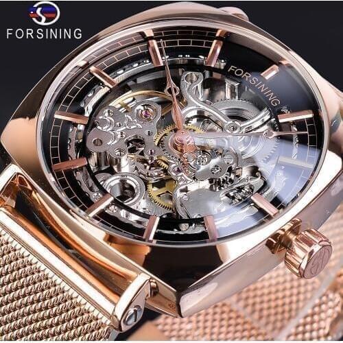 Forsining Rose Golden Square Mens Mechanical Watch Transparent Skeleton Steel Mesh Band Unisex Dress Automatic Clock Wristwatch