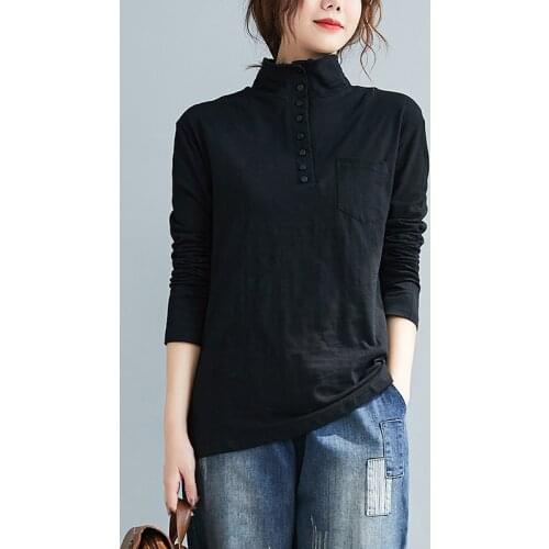Long-Sleeved T-Shirt Women 2021 New Spring Korean Style Slim Comfortable Bamboo Cotton Tops High Neck Bottoming Tshirt Pocket