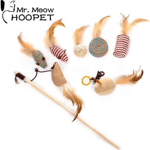Hoopet Cat Catcher Toy Wand Charmer Interactive Toy with Feather Ball Mouse Pet Training Playing Toy