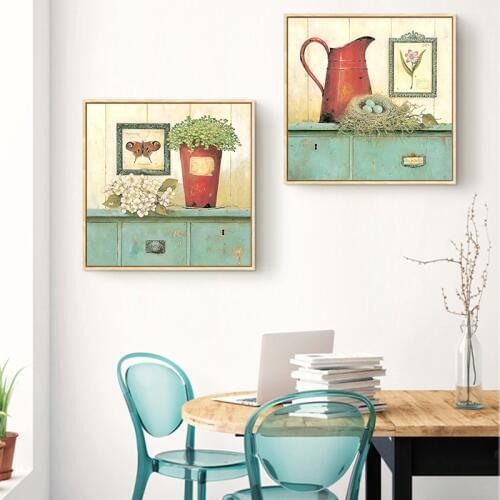 Canvas Painting Retro Green Plants Flowers In Vase On Desk Art On Wall Pictures Print Poster Wall Art Painting No Frame 2 Piece