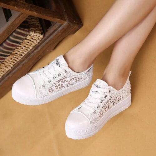 Women Shoes Fashion Summer Casual Shoes White Sneakers Cutouts Lace Canvas Hollow Breathable Platform Sneakers Tenis Feminino
