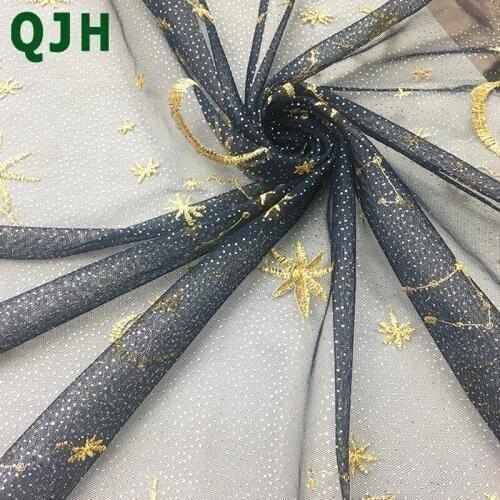 Sweet Party Starry-Sky Lace Fabric Gold Thread Embroidery Transparent Net Yarn Flash Evening Dress Handmade DIY Fabrics Net Yarn