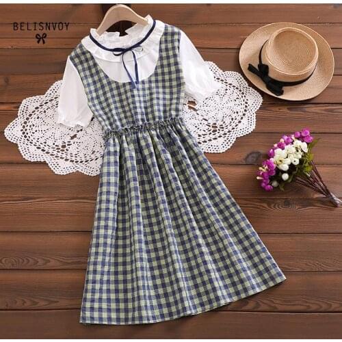 Japanese Preppy Style Summer Women Mini Dress Ruffled Collar Contrast Color Plaid Loose Dress Ribbon Cute Kawaii Students Dress