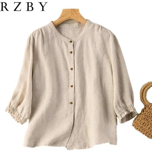 Linen Cotton Puff Sleeve Summer Shirts Women Blouse Ladies Loose Vintage Tops Half Sleeve Female Clothing Casual 2021 RZBY469