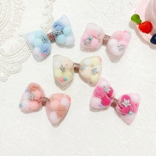 Miss cute Korean new princess style colorful plush ball net yarn lace bow duck bill clip side clip Wholesale hair accessories