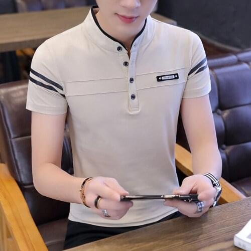 2021 Mens Summer New Short-Sleeved T-shirt Teenagers Stand Collar Color Matching Casual T-shirt