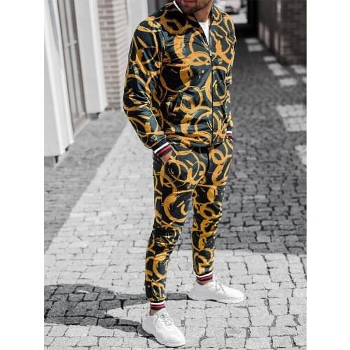 Men Sets Tracksuit Plaid Printed Stand-up collar Mens Zipper Jacket Set Grey High street Set Coat+Pants Casual Sportswear Suit