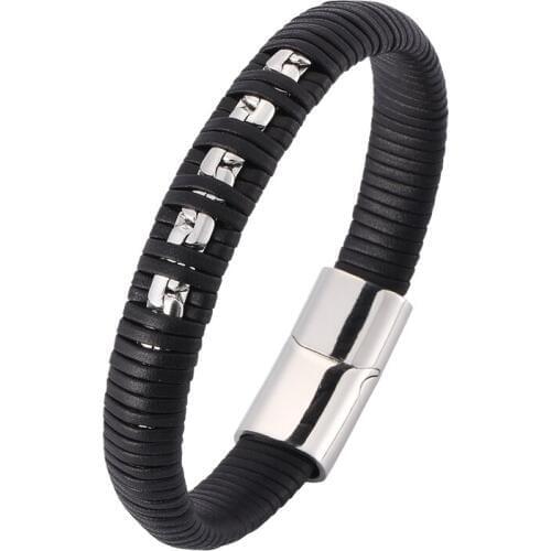 Men Jewelry Punk Leather Bangles Black Braided Leather Steel Chain Bracelet Handmade Fashion Magnet Clasp Bracelet PD0407