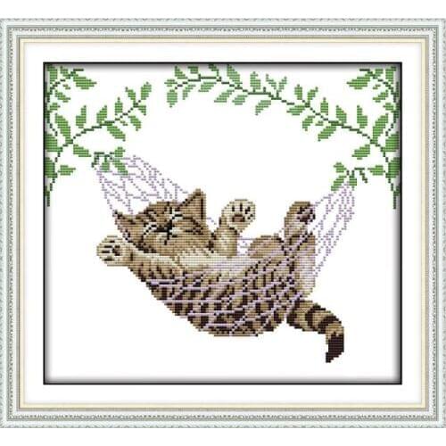 Joy Sunday Cute kitty animal series cross stitch kit, lazy cat on the basket bag handmade DMC thread embroidery paintings