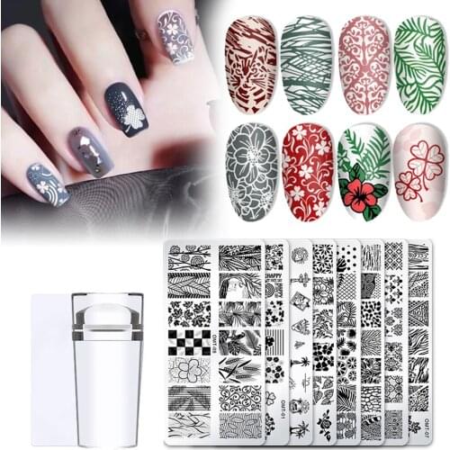 Nail Stamping Plates Set, 8 Stainless Steel Plates With Vairous Patterns Nail Art Stamper Kit Color Painting Manicure Tools