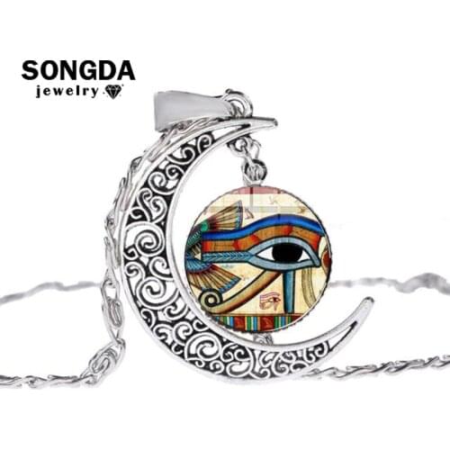 SONGDA Retro The Eye of Horus Clavicular Chain Necklace Egyptian Amulet Totem Art Glass Cabochon Crescent Moon Pendant Necklace