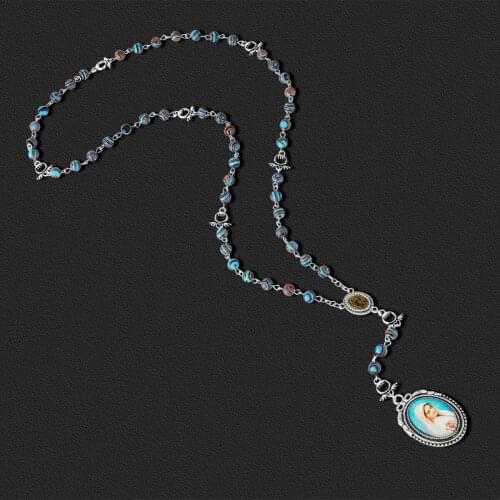 Natural Stone Rosary Bead Necklace Our Lady of Sorrows Heart Virgin Mary Pendant Necklace Religious Catholic Prayer Jewelry Gift