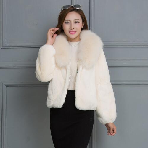 Whole Real Rex Rabbit Fur Coat Fashion Genuine Fox Fur Collar Outwear Short Knitted Overcoat Winter Jacket Warm Natural Fur Coat