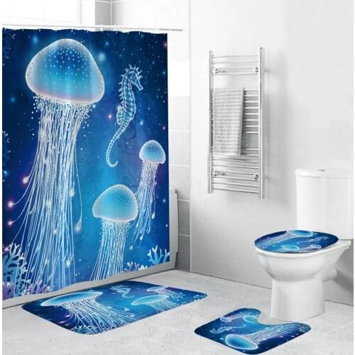 Ocean World Seahorse Jellyfish Polyester Waterproof Shower Curtain Bathroom Pedestal Rug Lid Toilet Cover Bath Mat Set