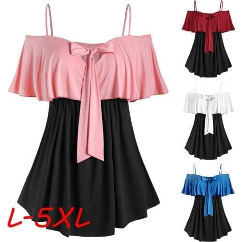 5XL Plus Size Tunic Blouses Women Off Shoulder Bowknot Shirts Sexy Suspender Ruffled Summer Tops blusas mujer блузка женская