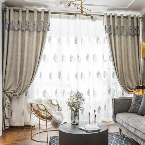 Luxury Blackout Curtains for Living Room Modern Thick Curtain for Bedroom White Tulle with Embroidery Leaves Solid Drapes