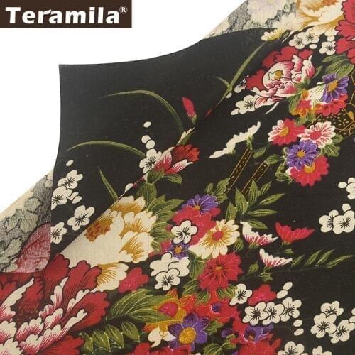 Teramila Flowers Cotton Linen Fabric Meter for Curtains Black Canvas Fabric Tela Tissu Tablecloth Cushion Textile Bag Burlap