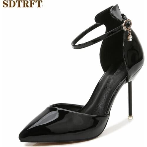 SDTRFT Summer D'Orsay Buckle Sandals Crossdresser 10cm Thin heels Single ladies shoes woman Pointed Toe Patent Leather pumps
