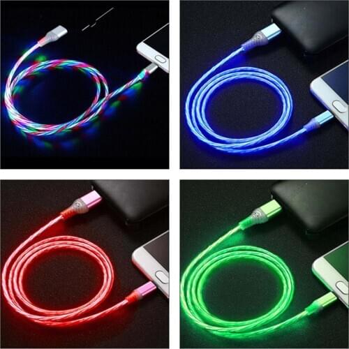 Universal Flow LED 1M 2M QC 3.0 USB Cable Lighting Micro USB C Type C Fast Charging Wire Mobile Phone Accessories 3A Type-C Cord