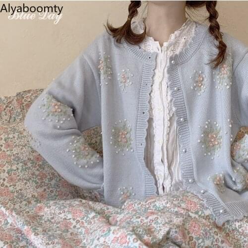 Japanese Mori Girl Spring Autumn Outerwear Blue Yellow Hand-made Vintage Floral Embroidery Sweater Cute Kawaii Delicate Cardigan